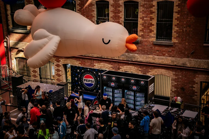 Visitors at a branded event booth