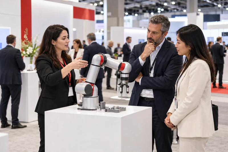 Product expert demonstrating a robotic arm to visitors at a business trade show