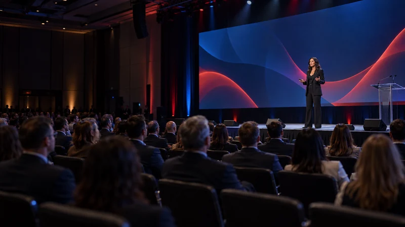 Keynote speaker addressing a seated corporate conference audience