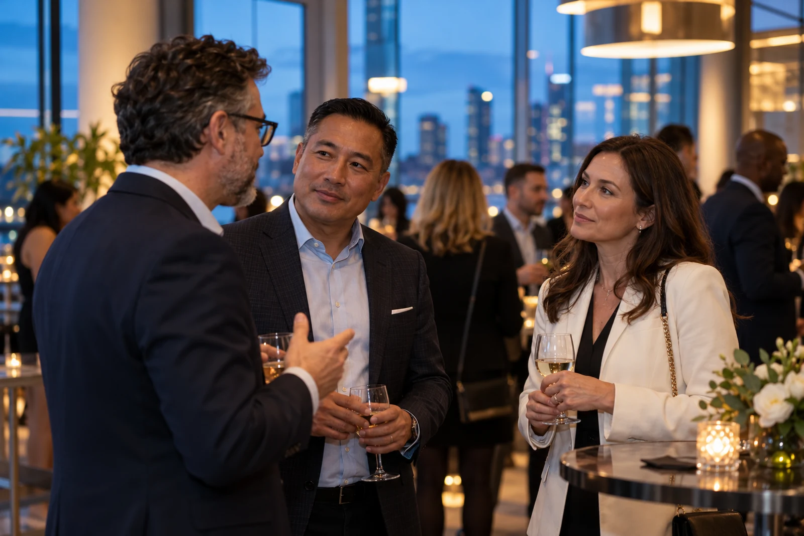 Three business professionals in conversation at an evening networking reception