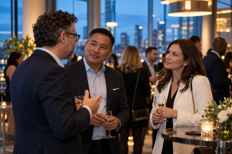 Three business professionals in conversation at an evening networking reception