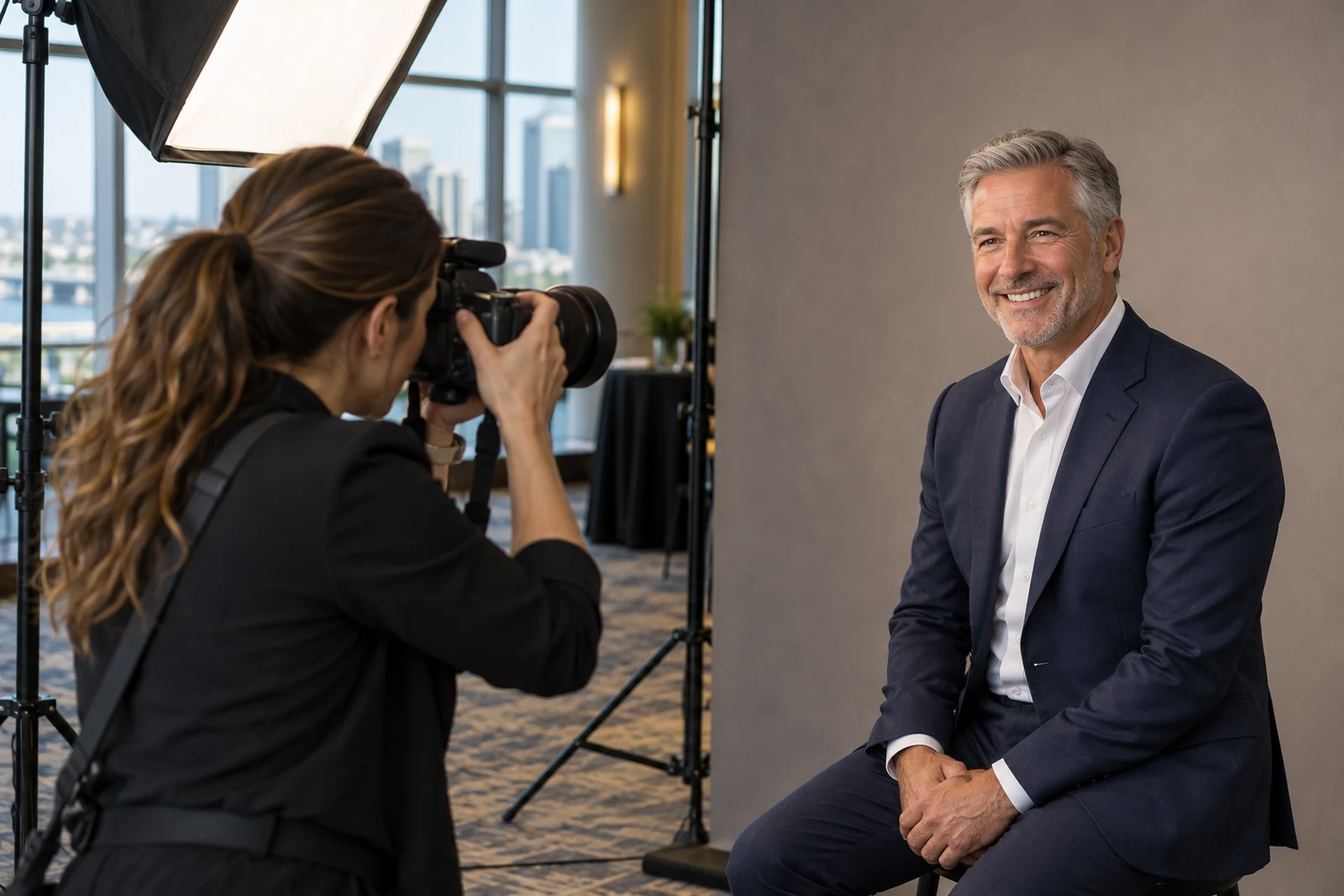 Photographer creating an executive portrait at an on-site headshot station