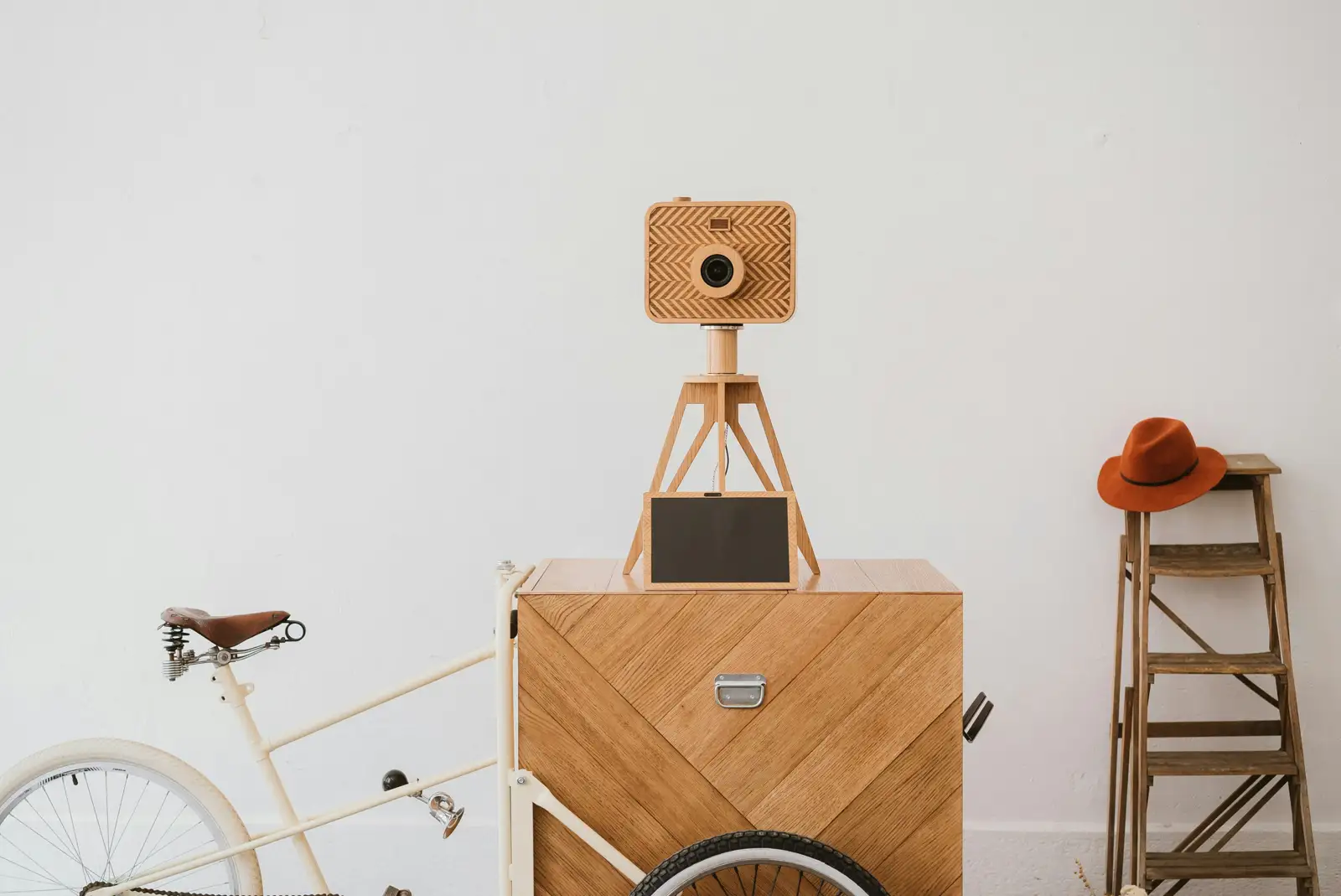 Wooden photo booth camera and kiosk ready for guests