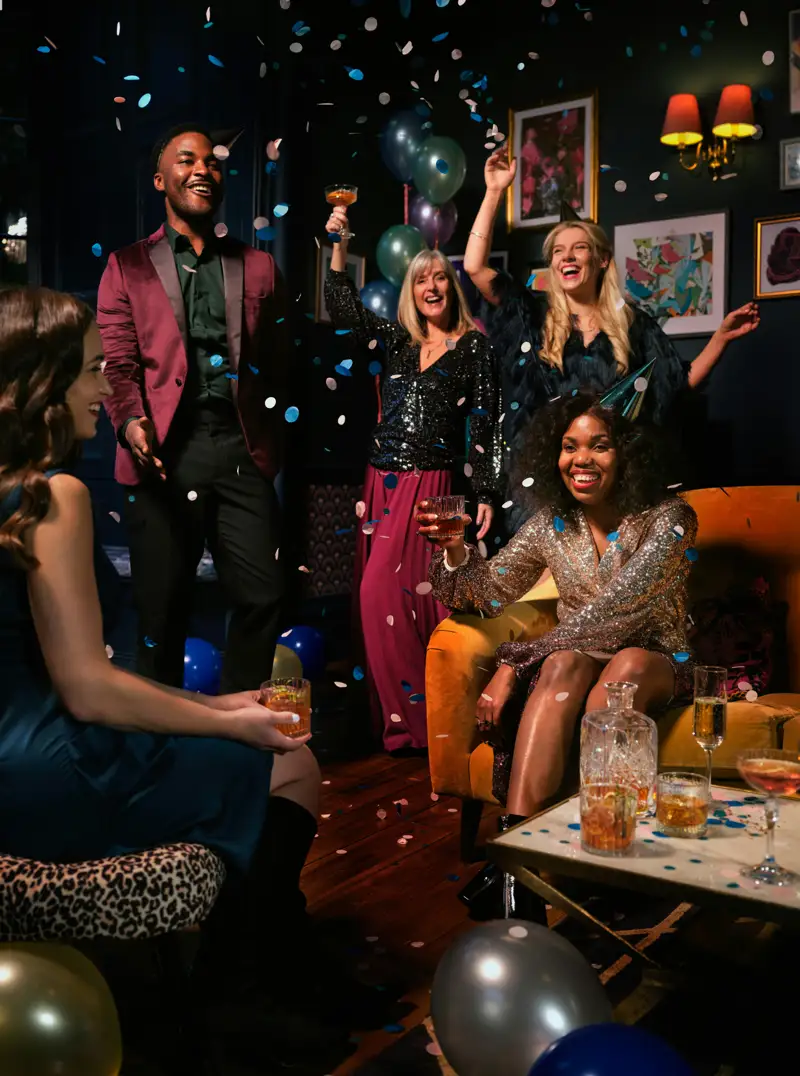 Guests celebrating together in a warmly lit party venue