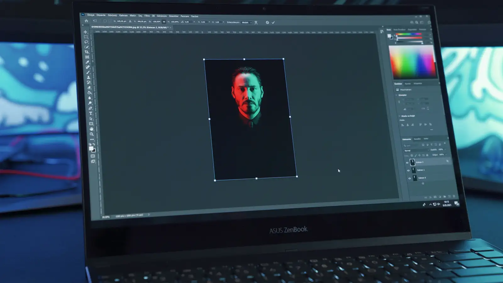 Portrait open in photo editing software on a desktop monitor