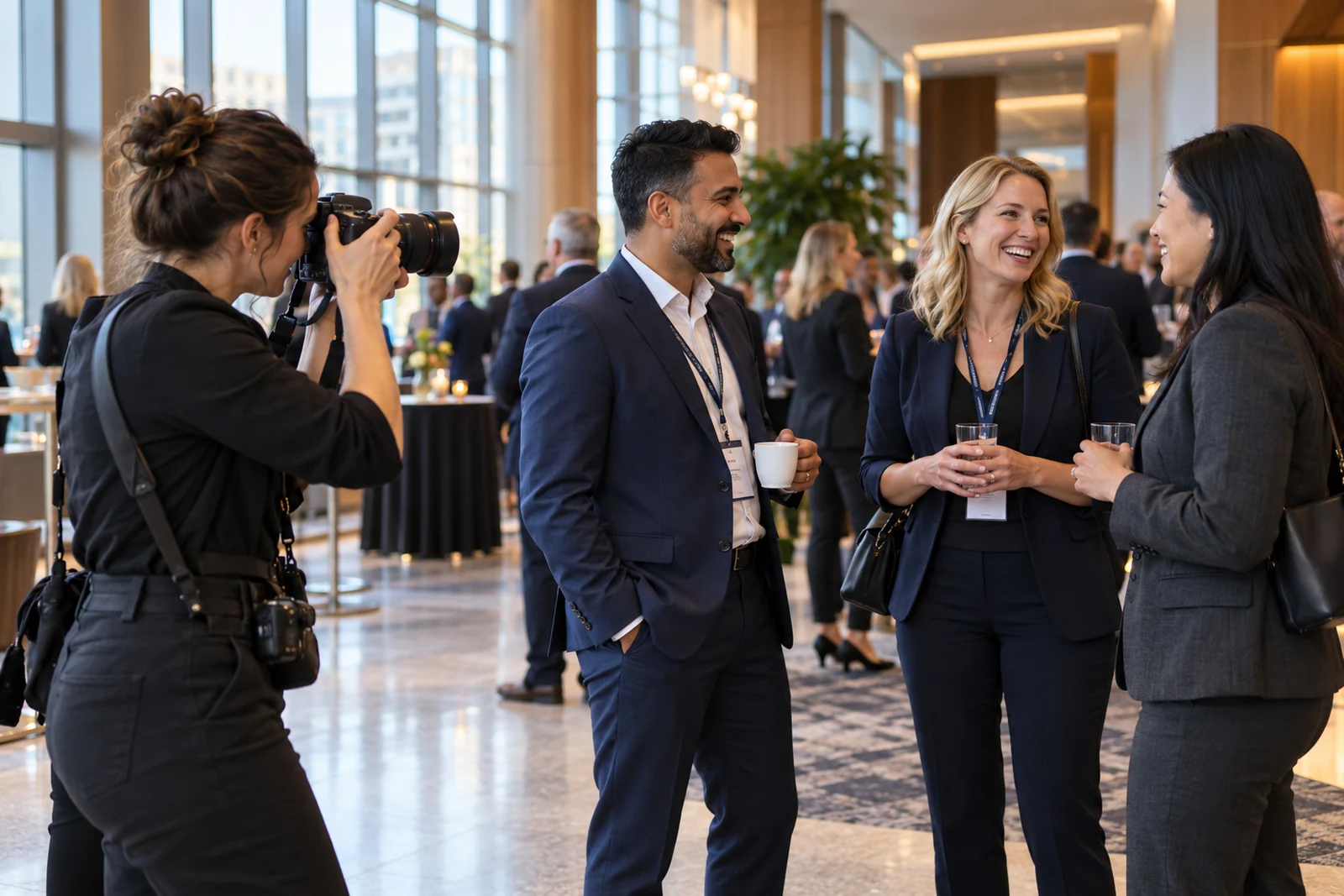 Event photographer capturing business delegates during a corporate networking reception